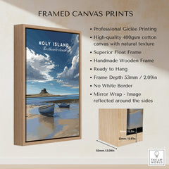 Holy Island Travel Poster Northumberland | Coastal Landscape Wall Art Print featuring a framed canvas print with a scenic view.
