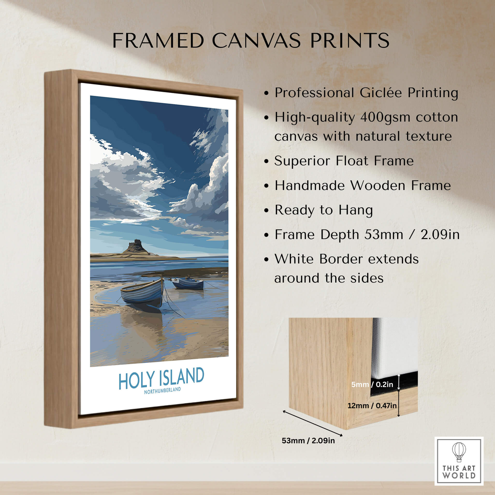 Holy Island Northumberland Poster | North Sea Coast Canvas Print with handmade wooden frame and professional Giclée printing.