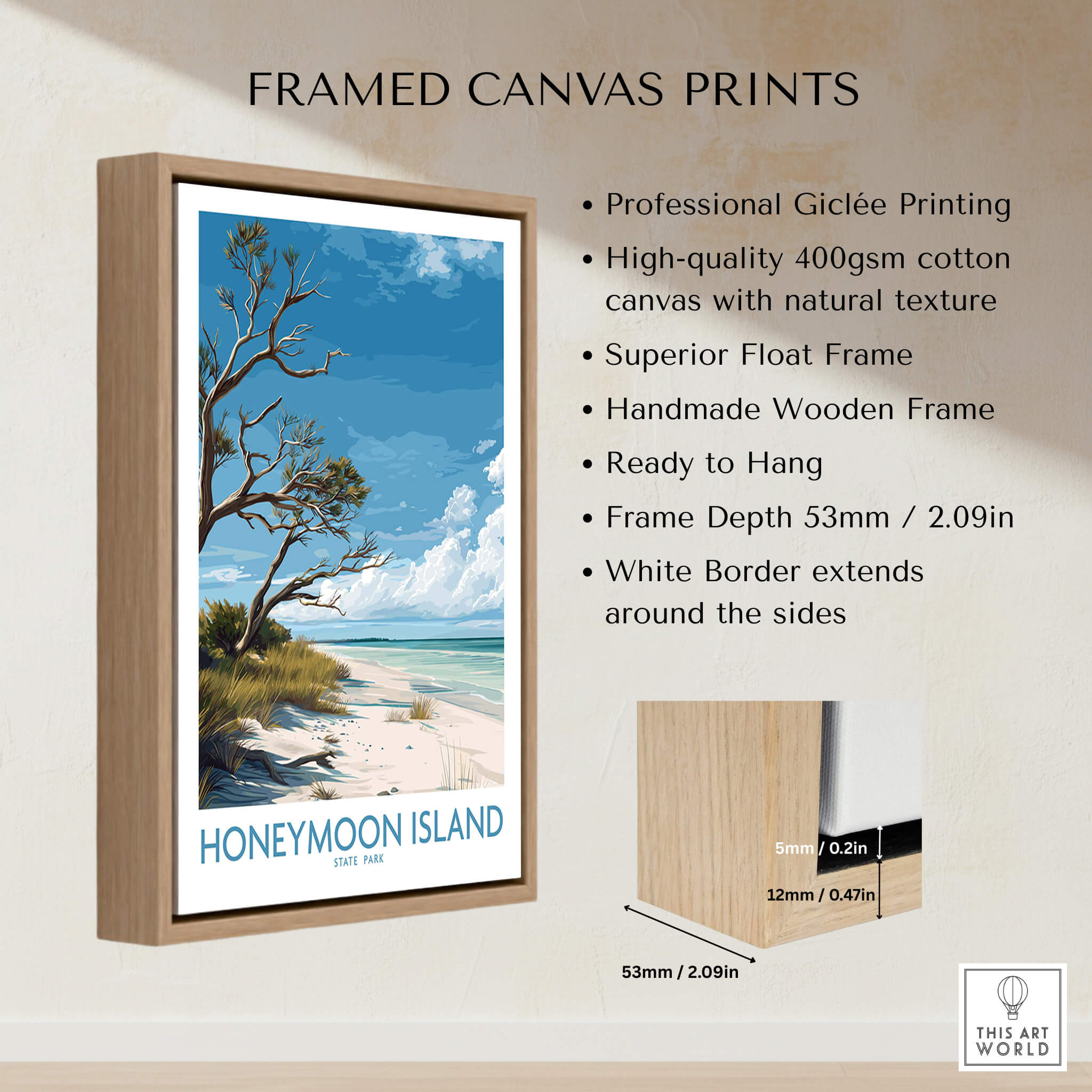 Honeymoon Island Poster | Florida State Park Coastline Canvas Print framed art showcasing serene beach landscape.