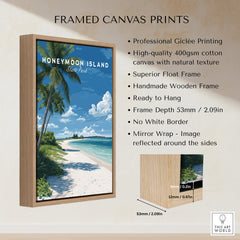 Honeymoon Island Travel Poster | Florida Beach Wall Art Print showcasing stunning beach and palm trees in a framed canvas print.