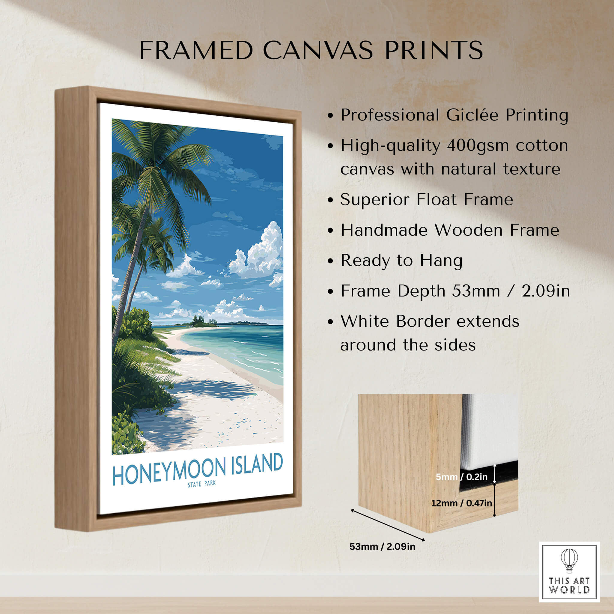 Honeymoon Island Poster | Sunny Florida Gulf Canvas Print showcasing framed Giclée canvas art with palm trees and beach.