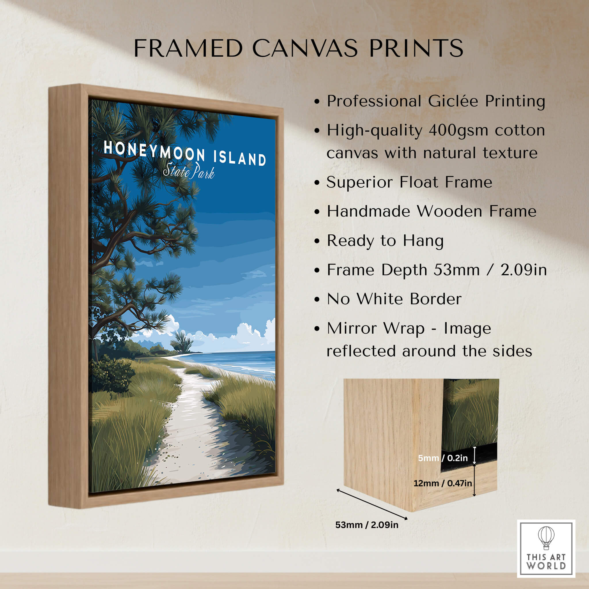 Honeymoon Island Wall Art Print | Florida Travel Poster showcasing beautiful coastal landscape and wooden frame.