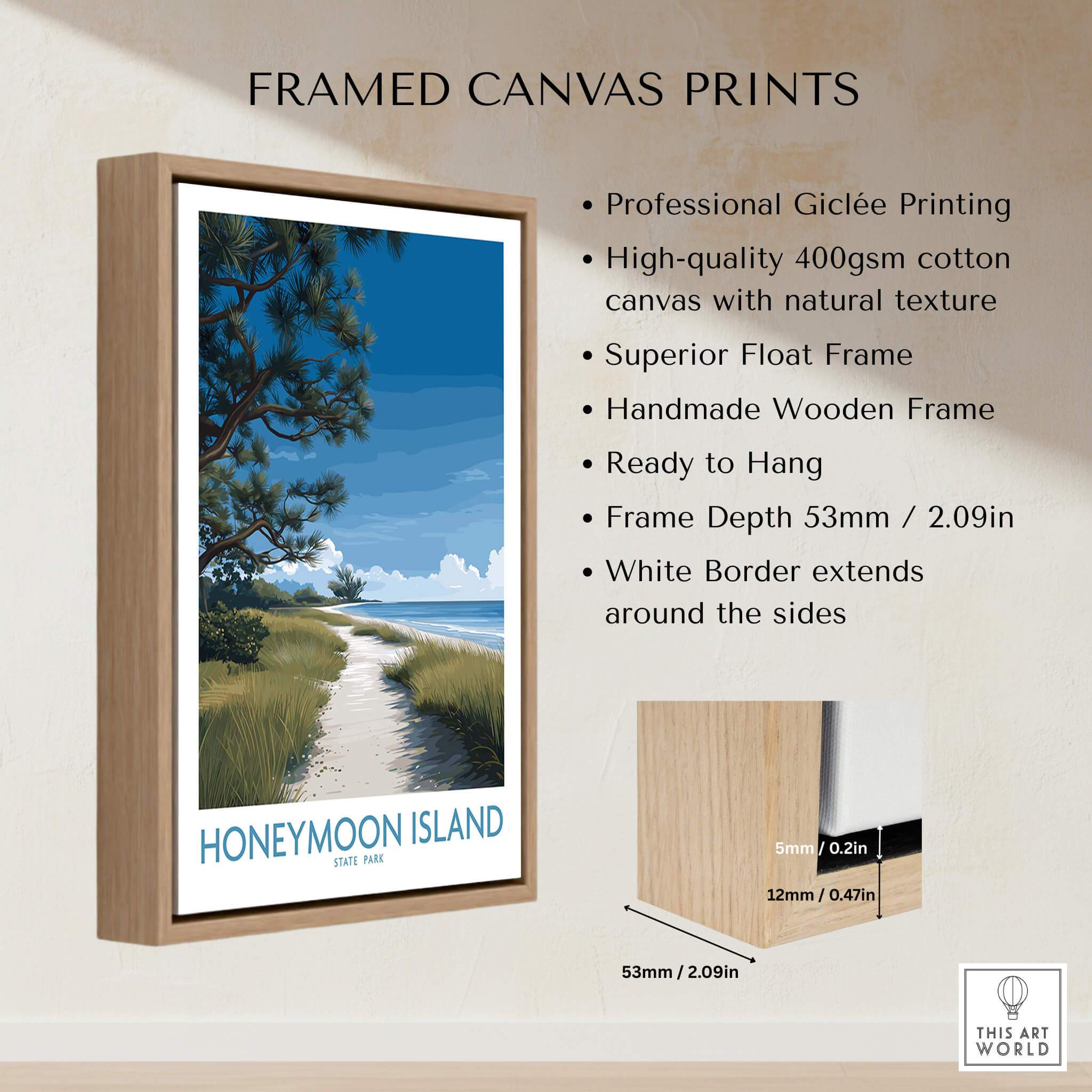 Honeymoon Island Florida Poster | Gulf Coast Landscape Canvas Print framed in elegant wood