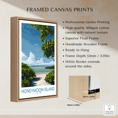 Honeymoon Island Florida Poster | Tropical Island Scene Canvas Print displayed in a wooden frame with detailed specifications.