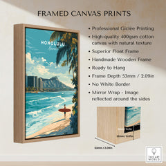 Honolulu Wall Art Print | Waikiki Beach Hawaii Travel Poster showcasing framed canvas print features and vibrant design.