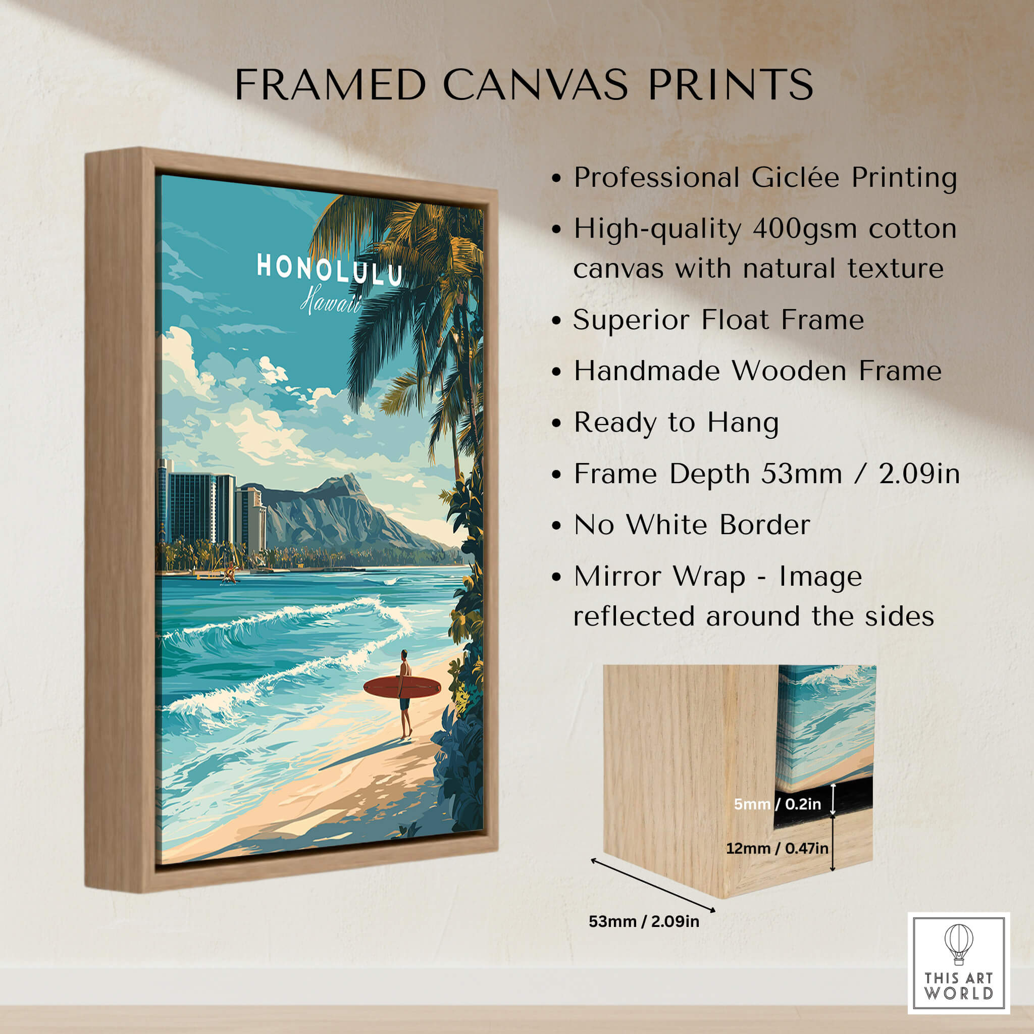 Honolulu Wall Art Print | Waikiki Beach Hawaii Travel Poster showcasing framed canvas print features and vibrant design.