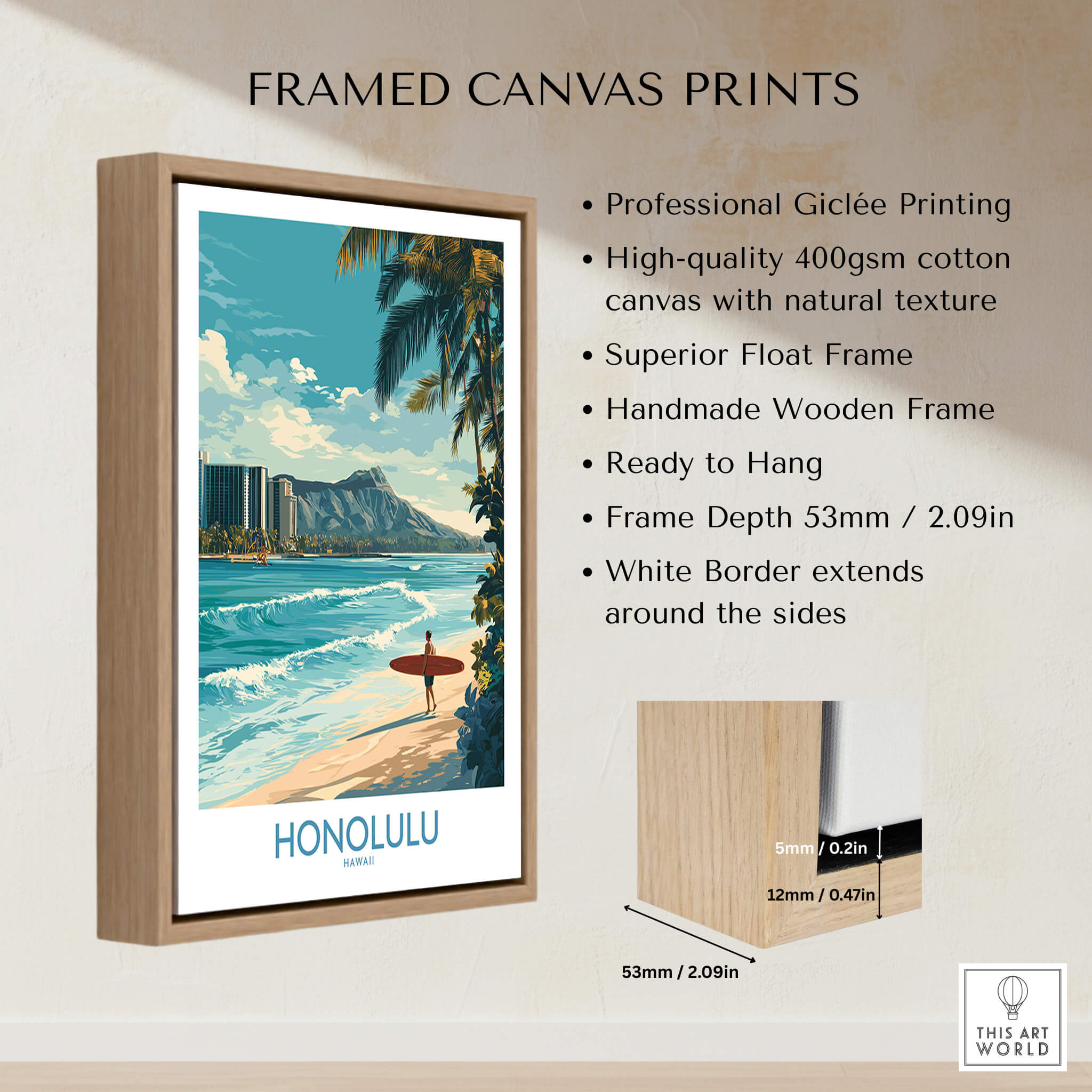 Honolulu Poster | Hawaii Surfing Canvas Print framed artwork showcasing vibrant ocean scenes and island culture.