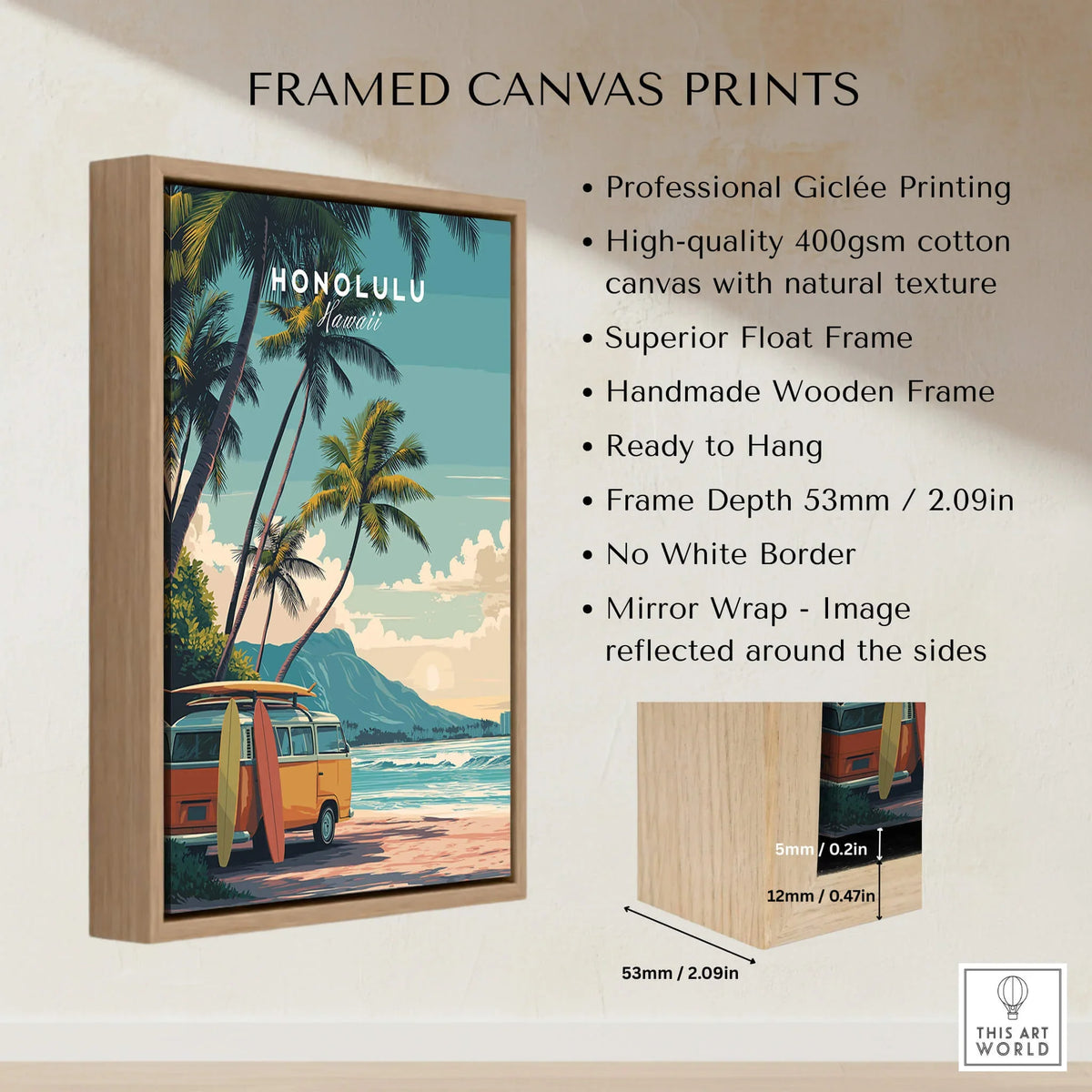 Honolulu Hawaii Travel Poster | Surf Van Beach Wall Art Print showcasing a framed canvas with vibrant beach scene.