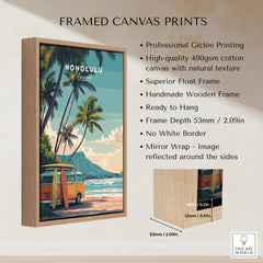 Honolulu Hawaii Travel Poster | Surf Van Beach Wall Art Print showcasing a framed canvas with vibrant beach scene.