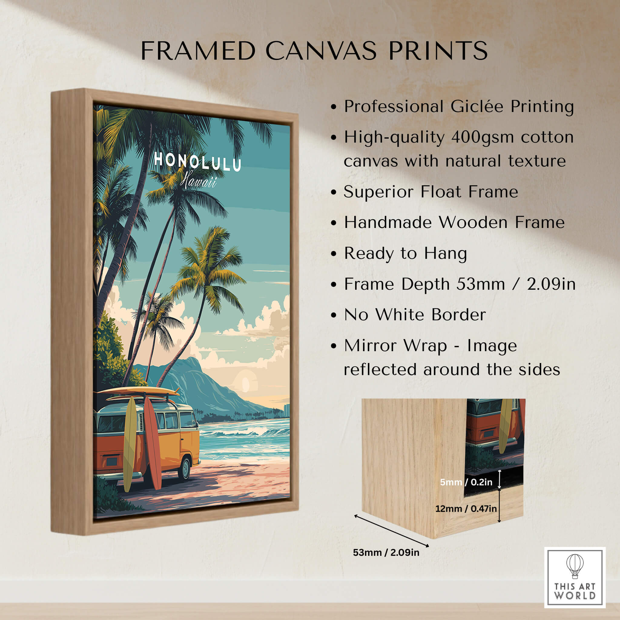 Honolulu Hawaii Travel Poster | Surf Van Beach Wall Art Print showcasing a framed canvas with vibrant beach scene.