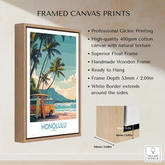 Honolulu Hawaii Poster | Vintage Aloha Style Canvas Print framed in light wood with tropical scenery and retro design.