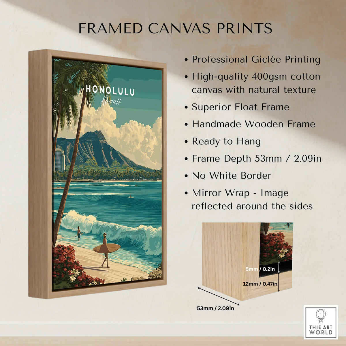 Honolulu Hawaii Wall Art Print | Waikiki Beach Surf Travel Poster displayed on a framed canvas print with a wooden frame.