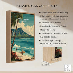 Honolulu Hawaii Wall Art Print | Waikiki Beach Surf Travel Poster displayed on a framed canvas print with a wooden frame.