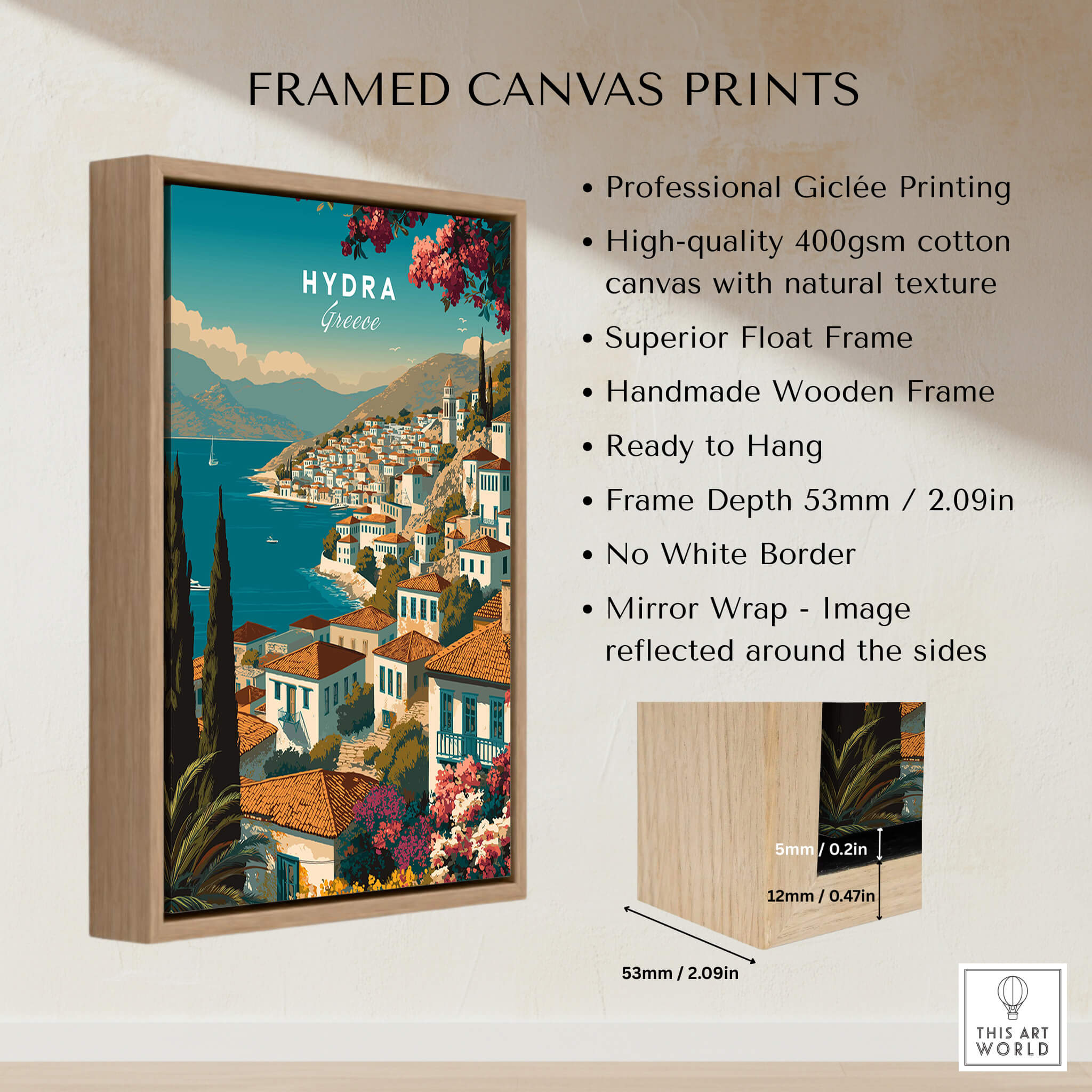 Hydra Greece Wall Art Print | Mediterranean Coastal Town Travel Poster framed canvas print with wooden frame and professional Giclée printing.