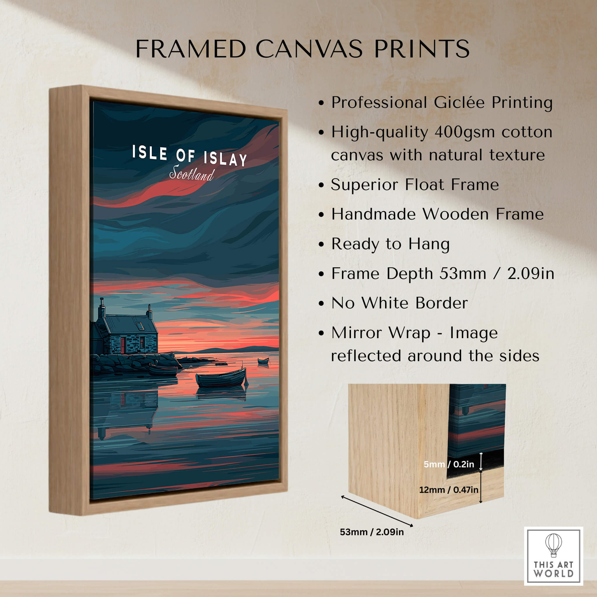 Isle of Islay Scotland Travel Posters | Highland Coastal House Wall Art Print framed canvas print with wooden frame and coastal imagery.