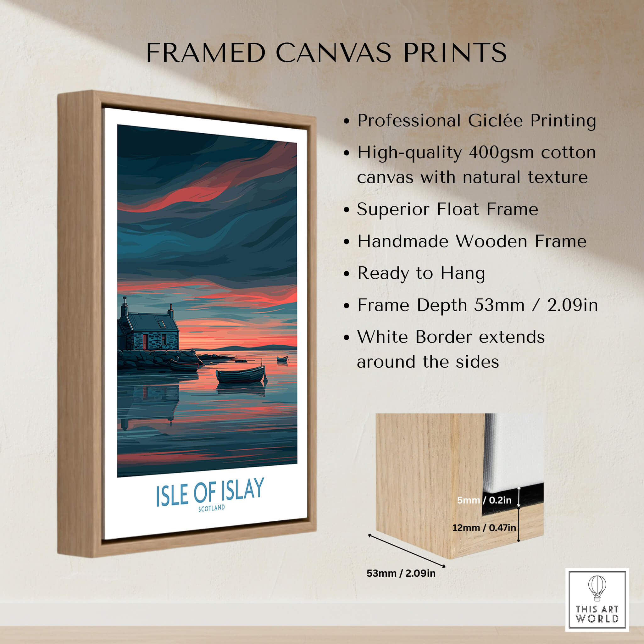 Framed canvas print of Isle of Islay Scotland Posters | Scottish Hebrides Seascape Canvas Print, showcasing serene seascape.