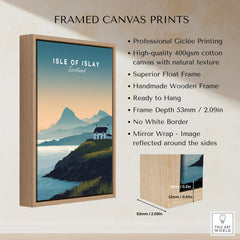 Isle of Islay Scotland Travel Poster framed canvas print showcasing dramatic coastal scenery and Highland character.