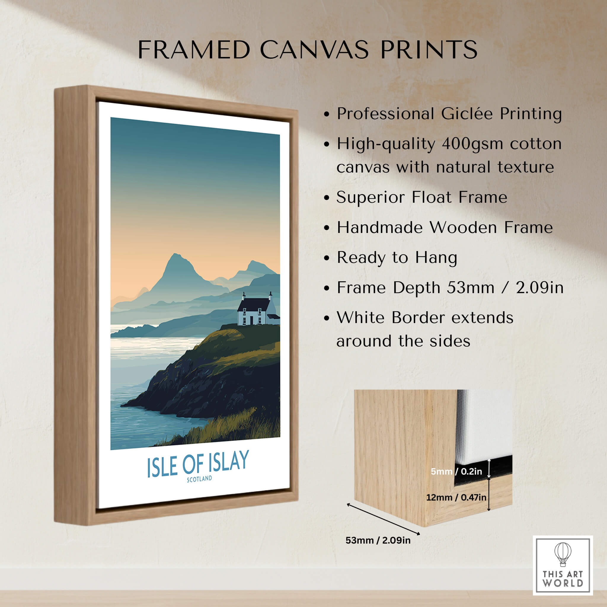Isle of Islay Scotland Canvas & Art Print featuring a framed giclée print with wooden frame and hanging ready design.
