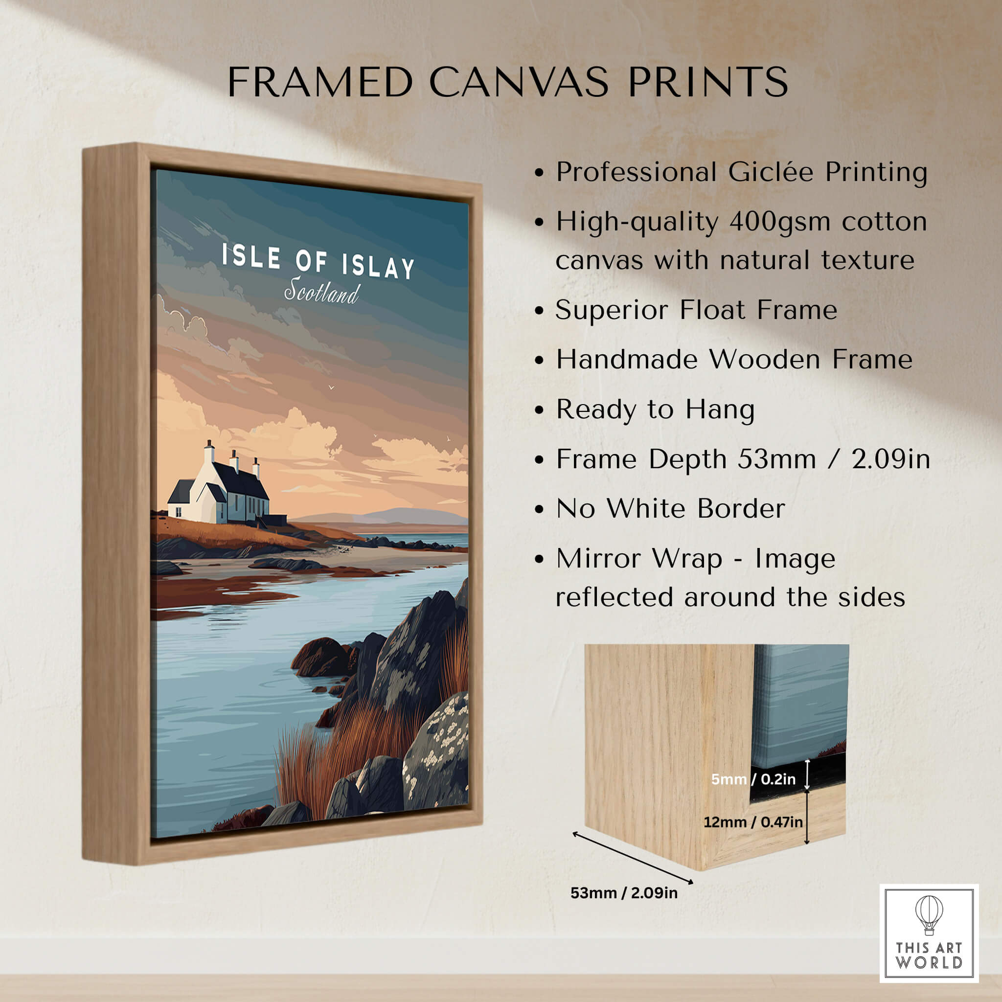 Isle of Islay Scotland Travel Posters | Scenic Coastal Cottage Wall Art Print in a framed canvas display.