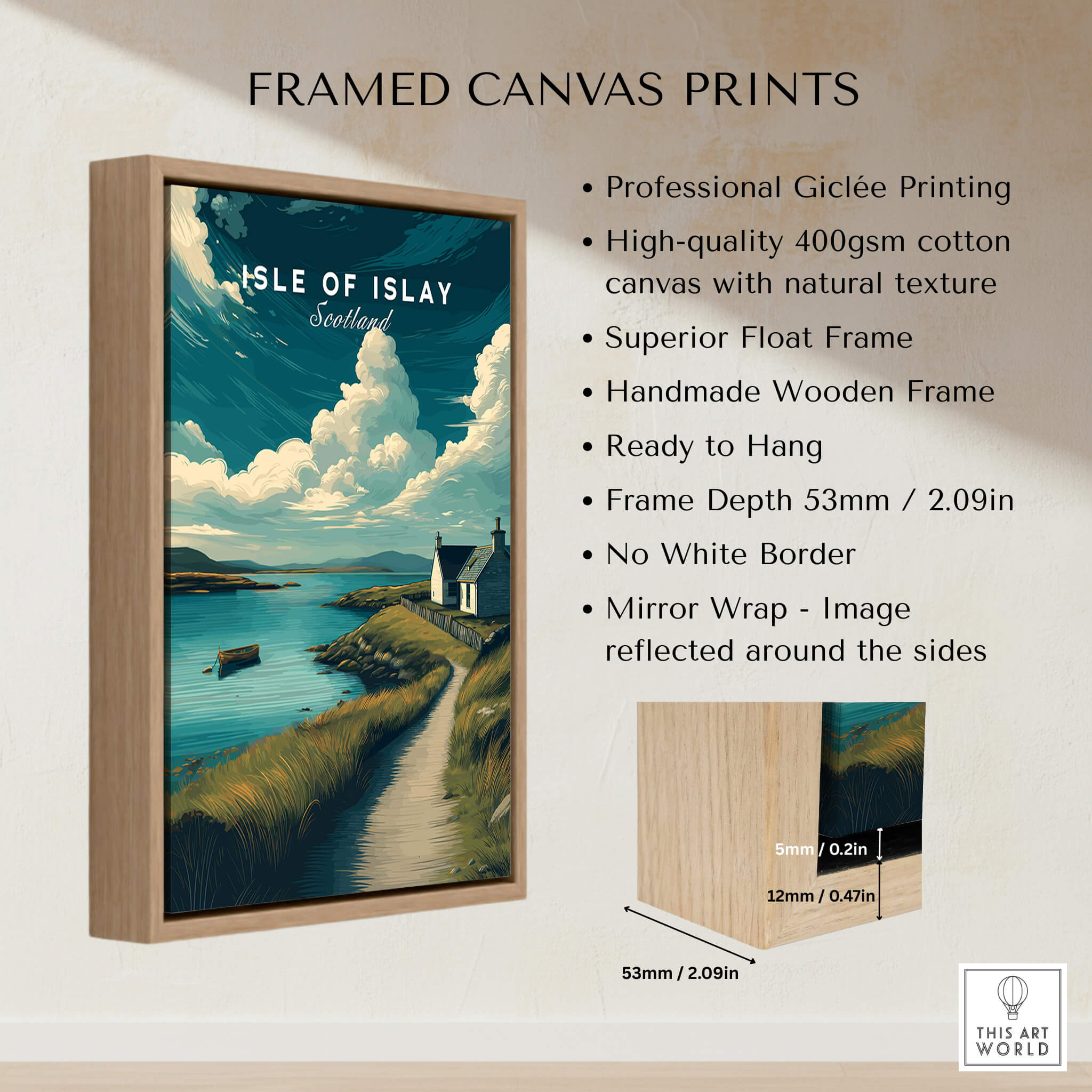 Isle of Islay Scotland Wall Art Print | Coastal Path Travel Poster framed canvas print with wooden frame.
