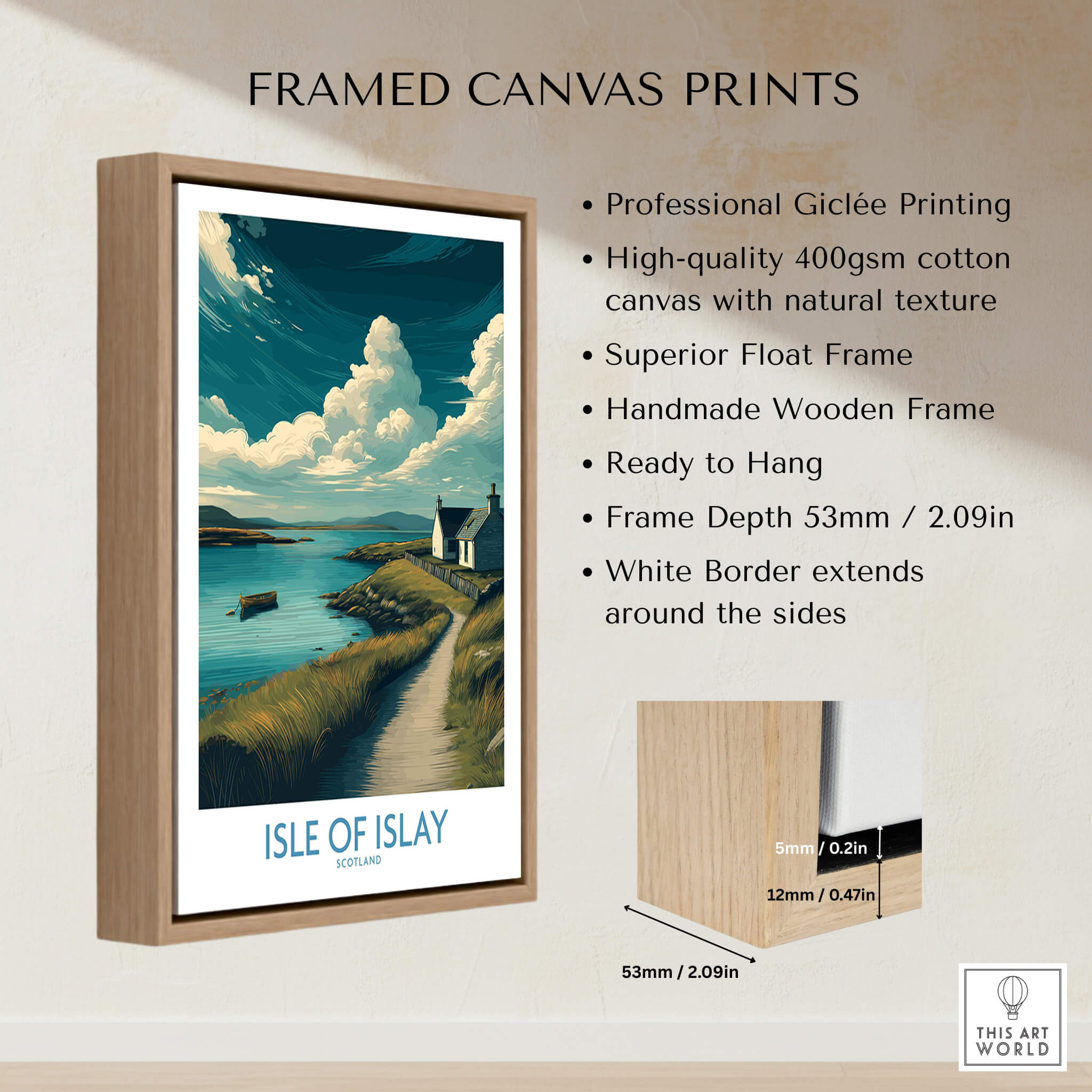 Isle of Islay Scotland Poster | Scottish Seaside Village Canvas Print displayed in a light wooden frame, showcasing high-quality giclée printing.