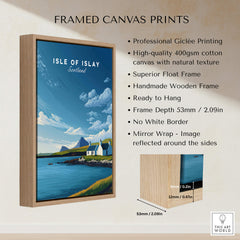 Isle of Islay Scotland Travel Posters | Sunny Coastal Wall Art Print framed canvas details and dimensions.