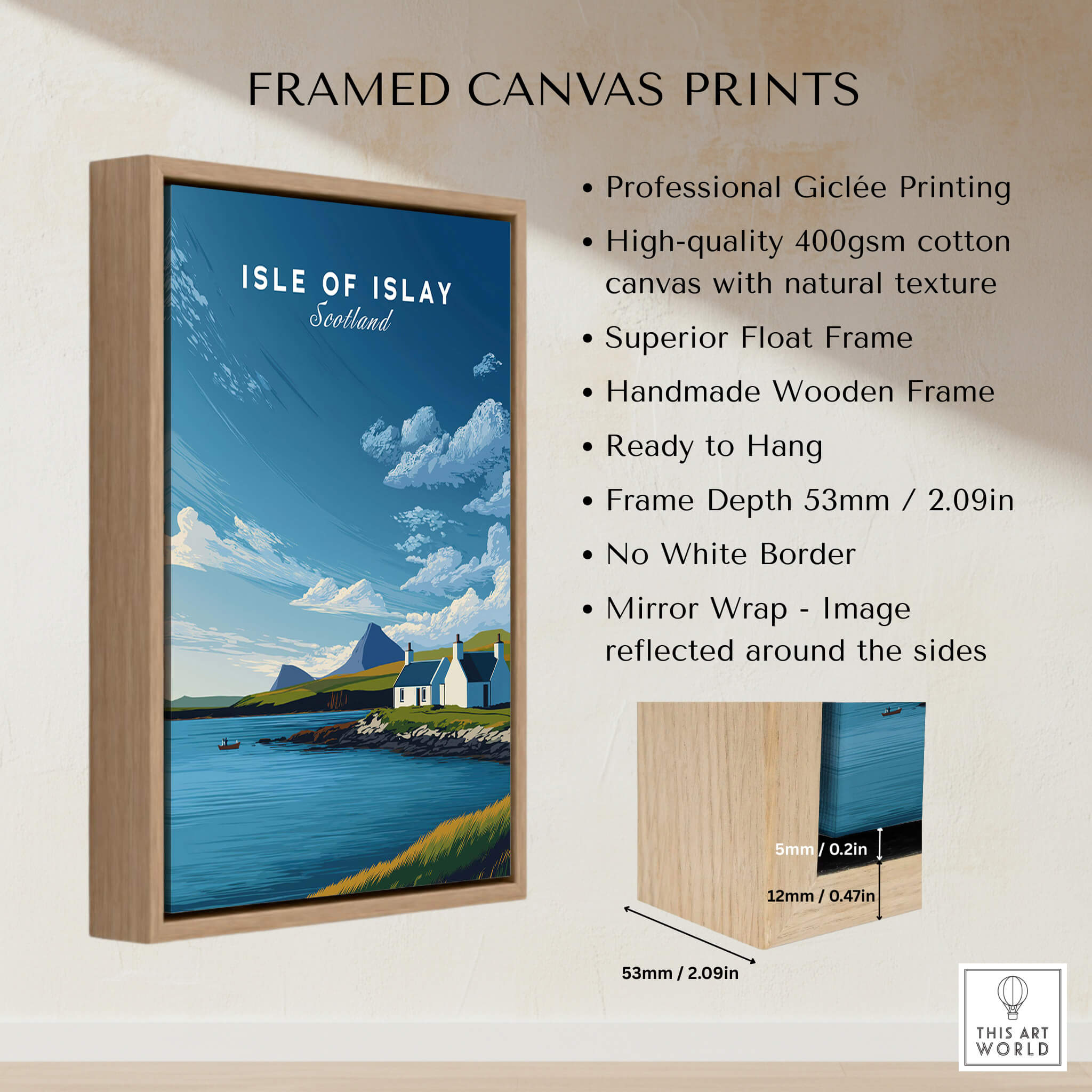 Isle of Islay Scotland Travel Posters | Sunny Coastal Wall Art Print framed canvas details and dimensions.