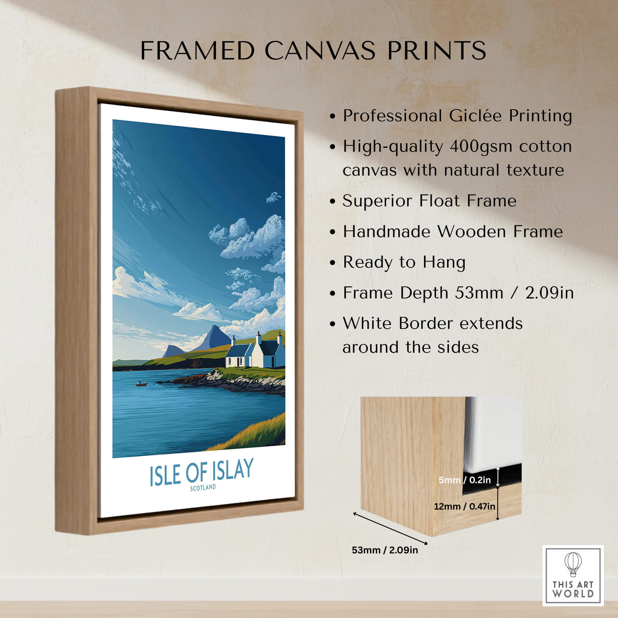 Isle of Islay Scotland Canvas Print | Scottish Hebrides Poster displayed in a wooden frame, showcasing landscape artwork.