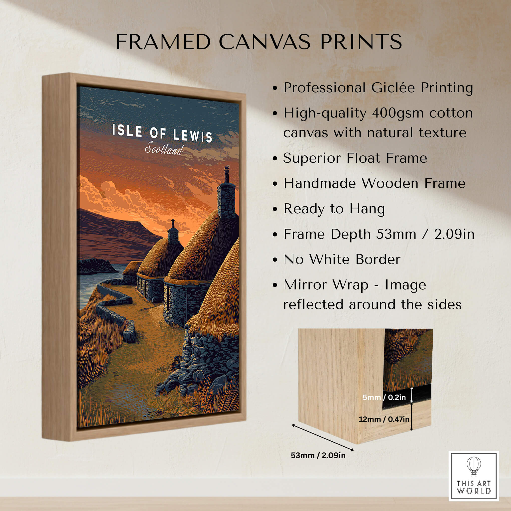 Isle of Lewis Scotland Travel Poster | Blackhouse Village Wall Art Print framed canvas print with wooden frame.