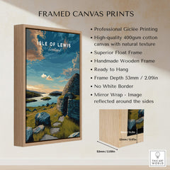 Isle of Lewis Scotland Travel Poster | Gearrannan Blackhouse Wall Art Print showcasing framed canvas prints with high-quality Giclée.