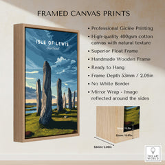 Isle of Lewis Scotland Wall Art Print | Callanish Standing Stones Travel Poster framed canvas print with wooden frame.