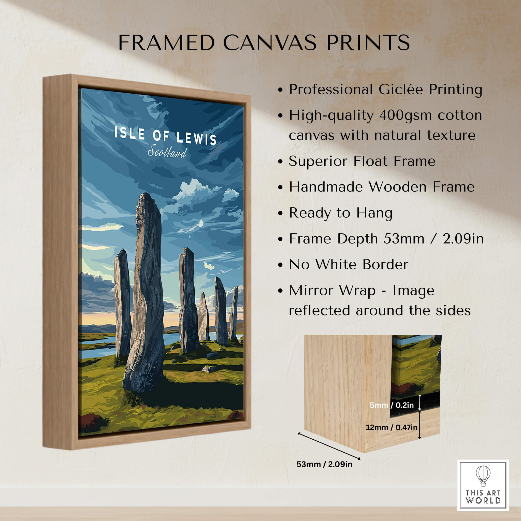 Isle of Lewis Scotland Wall Art Print | Callanish Standing Stones Travel Poster framed canvas print with wooden frame.