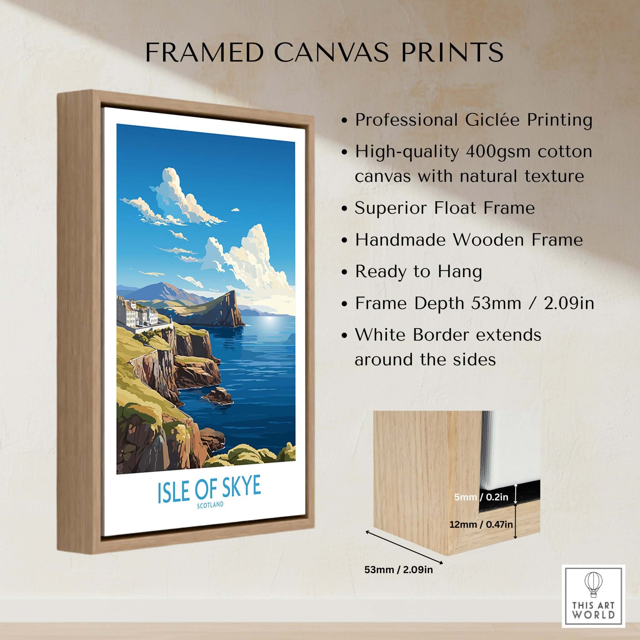 Isle of Skye Poster Modern framed canvas print showcasing vibrant Scottish landscape, ready to hang with premium quality.