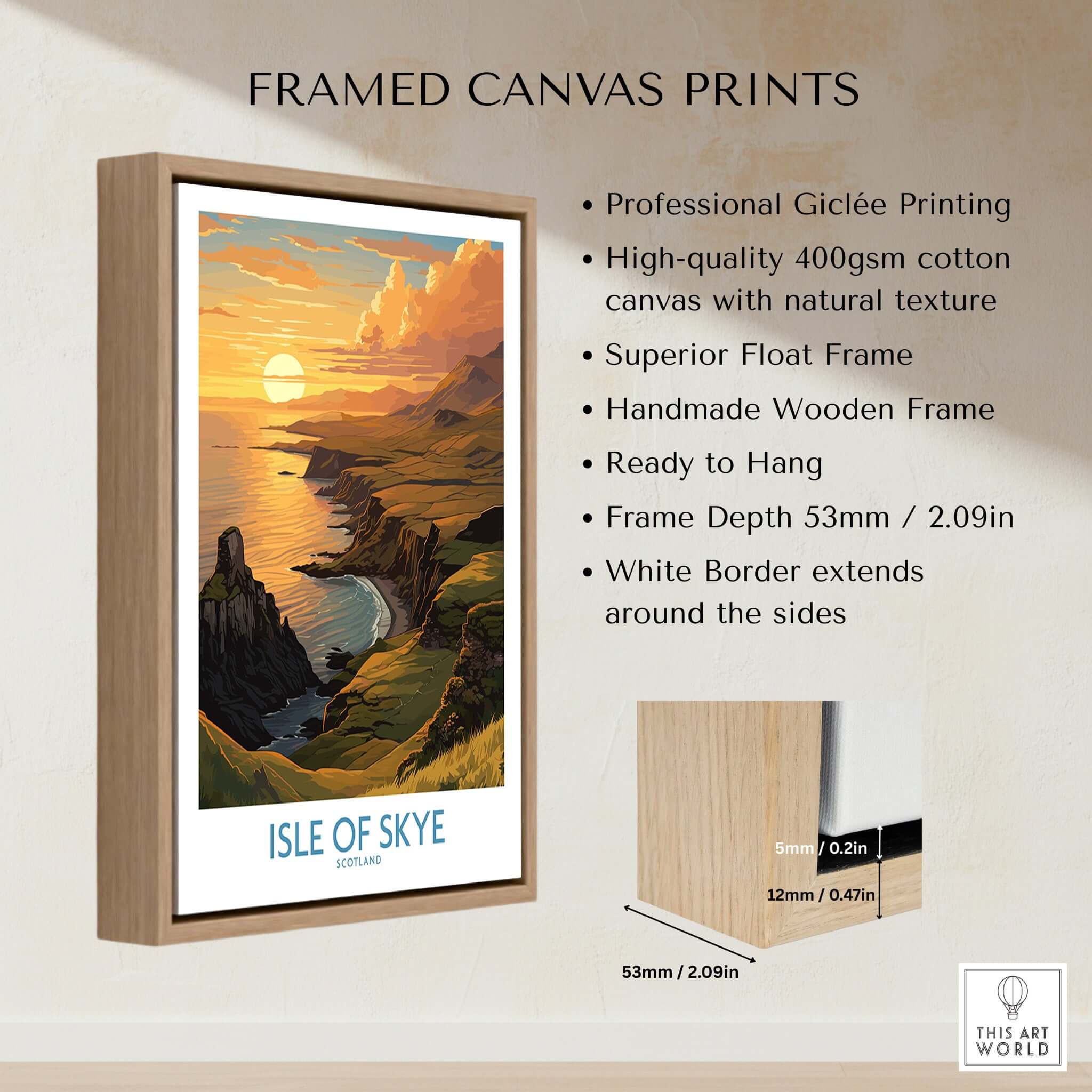 Isle of Skye Wall Art Print featuring a stunning sunset landscape with a handmade wooden frame.