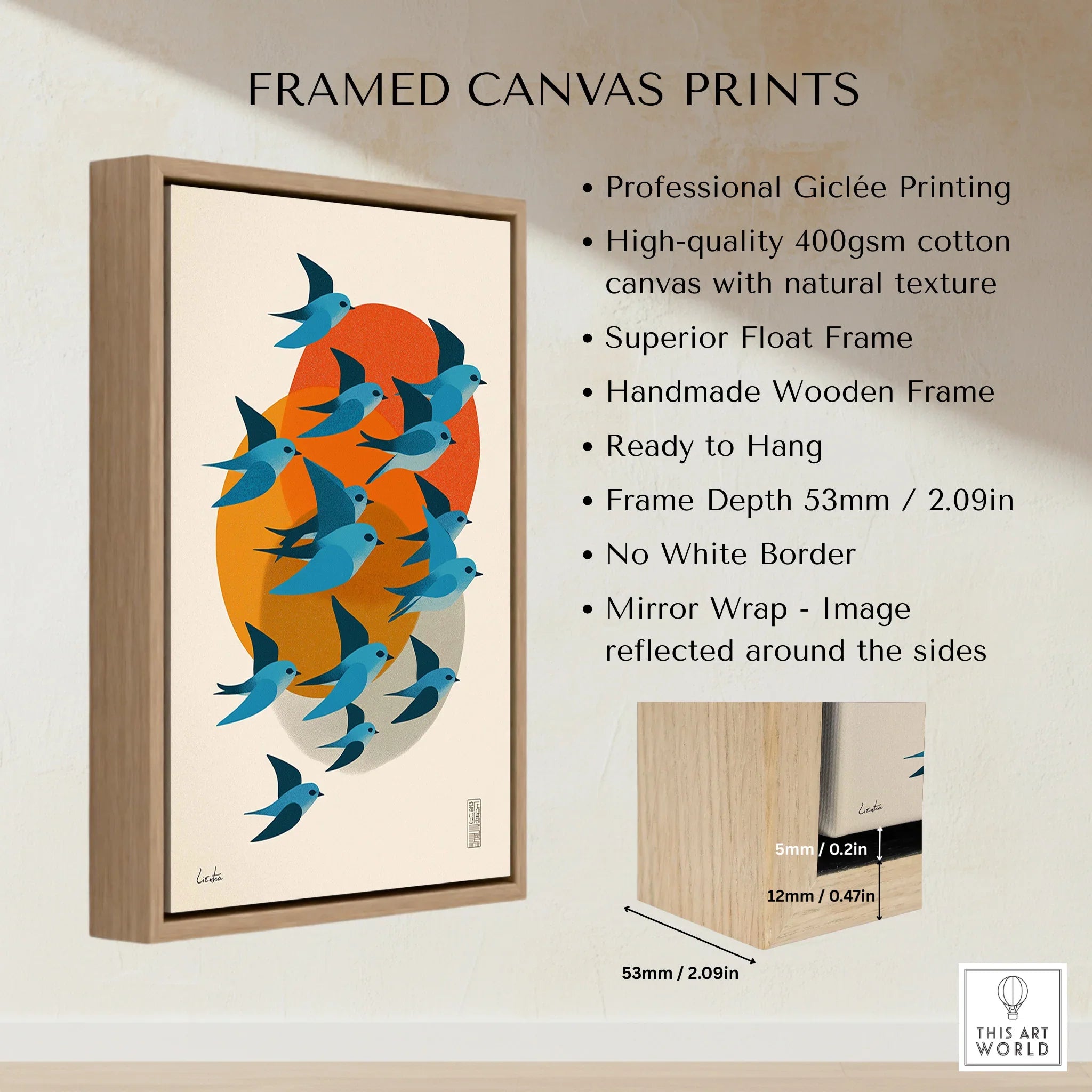 Framed canvas print with blue birds, orange and beige shapes, in a wooden float frame.