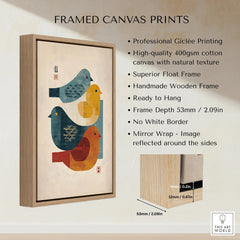 Modern framed canvas print with colorful abstract birds, float frame, and wood details