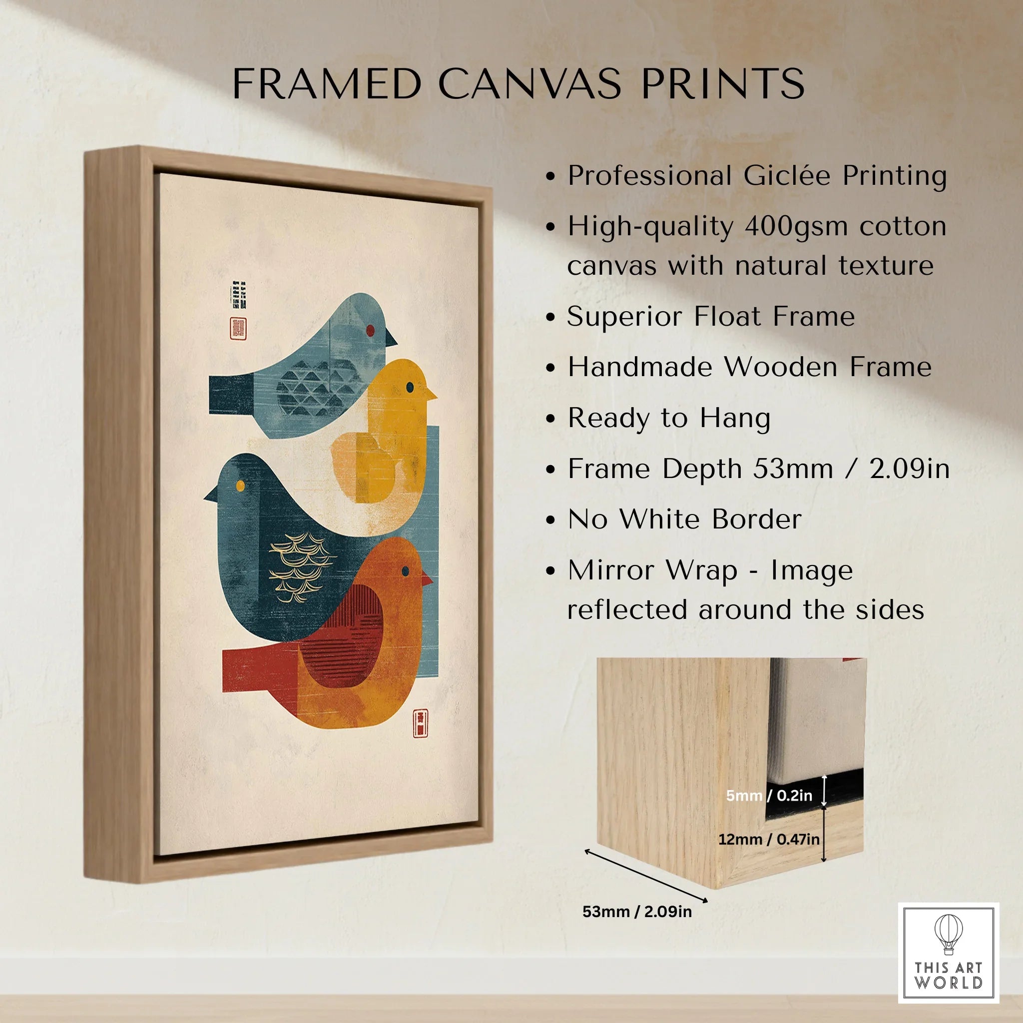 Modern framed canvas print with colorful abstract birds, float frame, and wood details