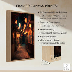Framed canvas print of a Japanese street scene with float frame and lantern lighting details.
