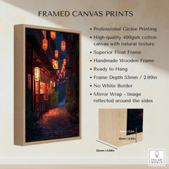 Framed canvas wall art with Japanese street scene, wooden float frame, and lanterns at night