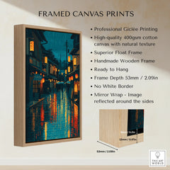 Framed canvas print of a rainy Japanese street at night with float wooden frame details.