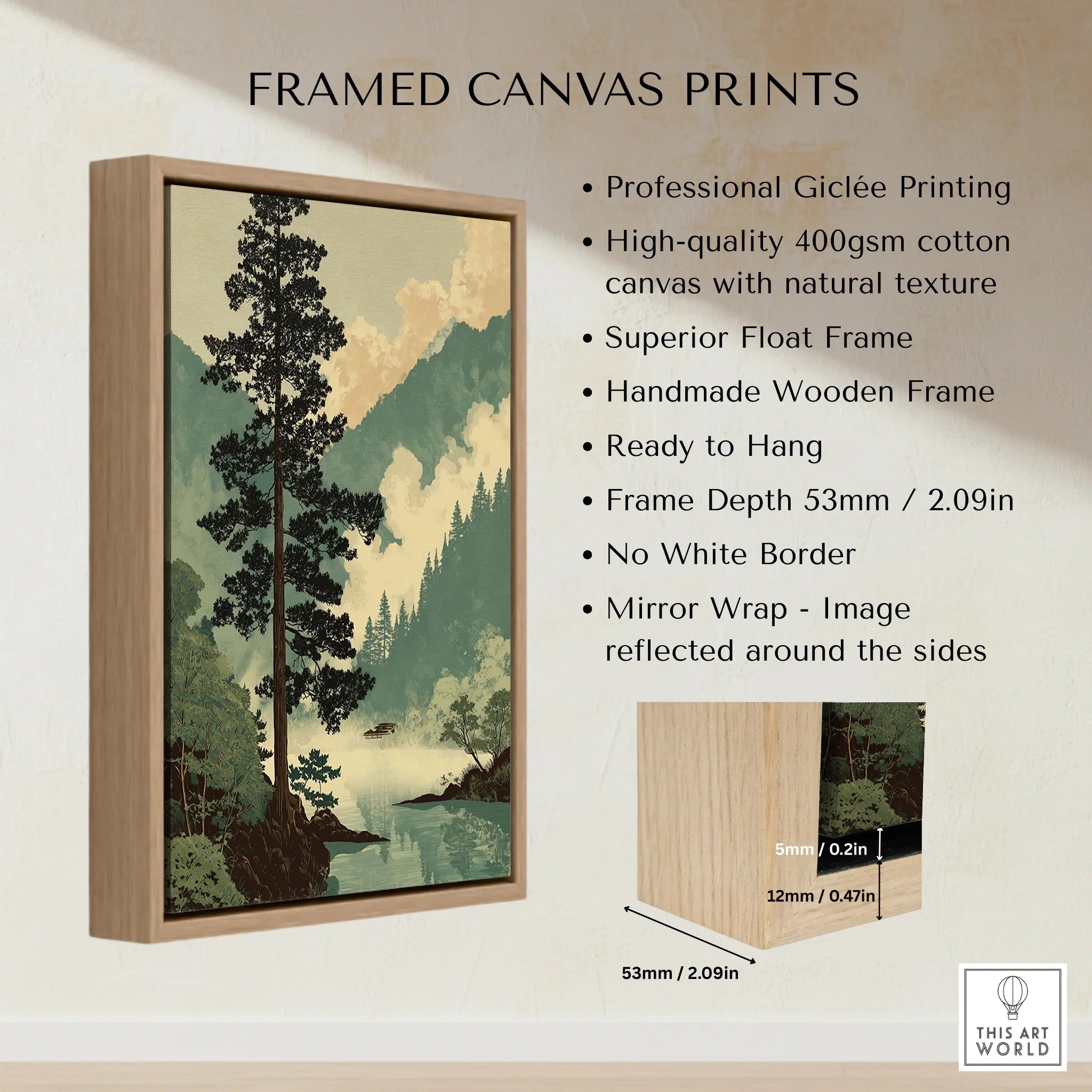 Framed canvas wall art with a scenic landscape, float frame, and detailed frame measurements.