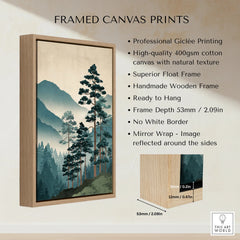 Framed canvas print of misty mountain landscape with pine trees, float frame details shown.