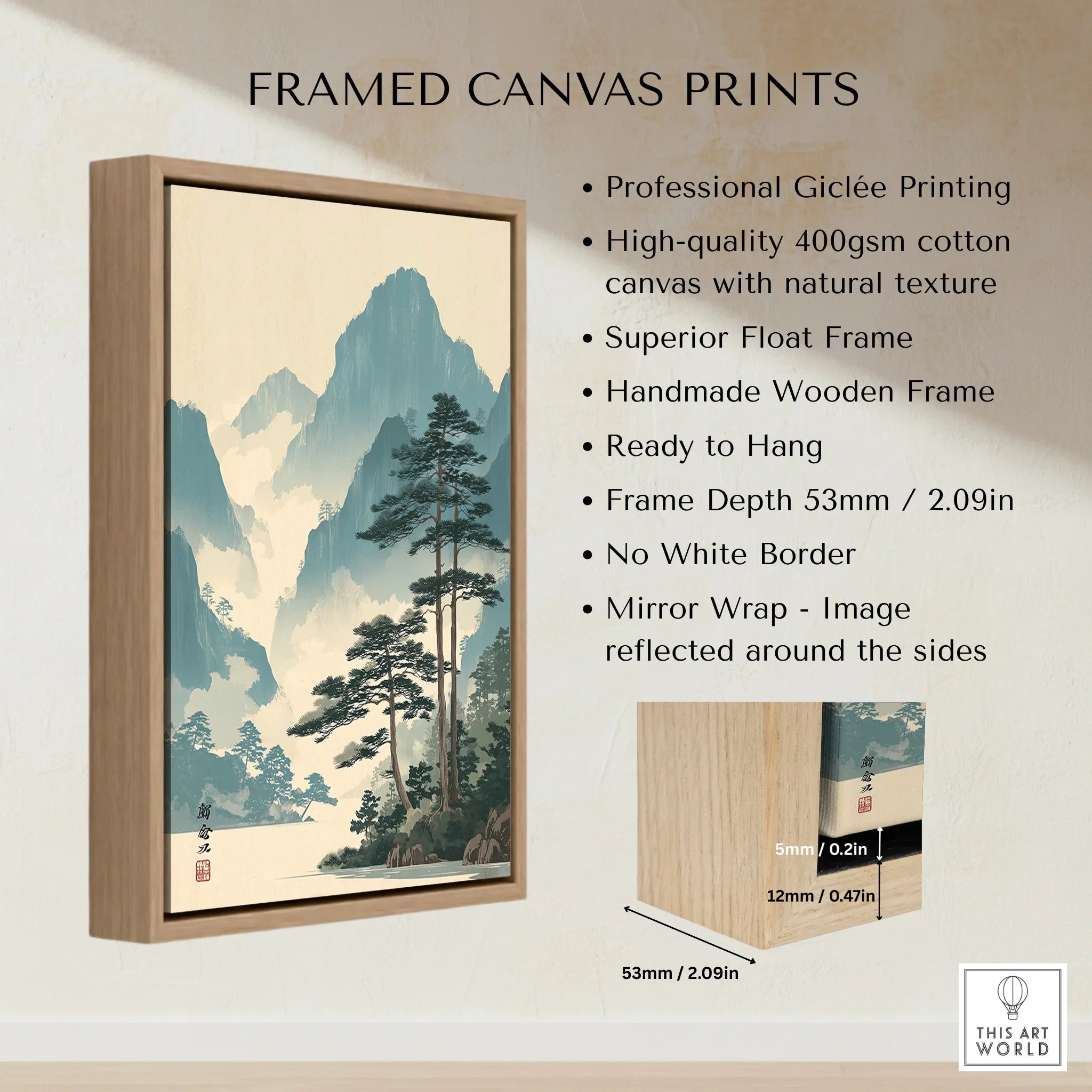 Woodblock-style mountain landscape framed canvas print with float wooden frame details.