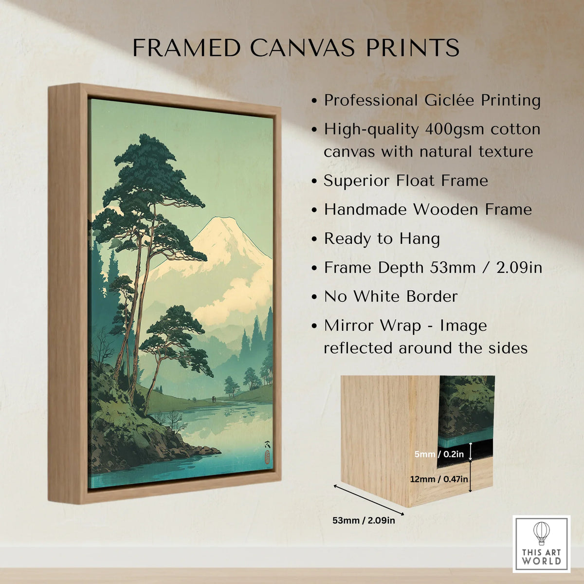 Framed canvas print with float frame, pine trees and mountain landscape wall art, product details