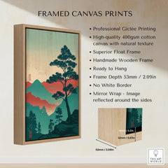 Framed canvas print with Japanese woodblock mountain landscape in float wooden frame, wall art decor.