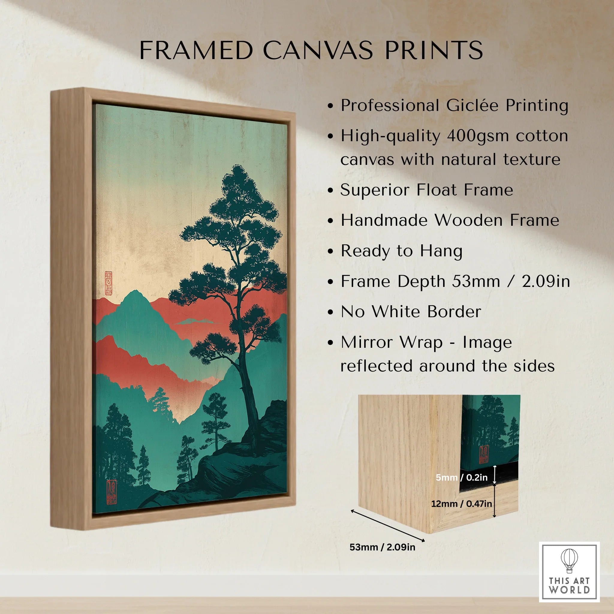 Framed canvas print with Japanese woodblock mountain landscape in float wooden frame, wall art decor.