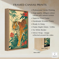 Framed canvas print of a Japanese-style tiger with floral and leafy background, wood float frame.