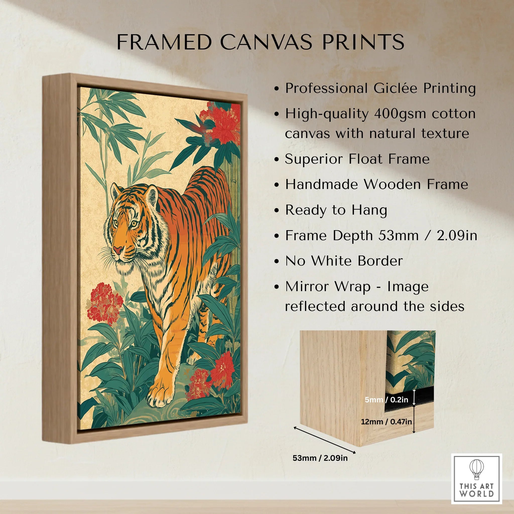 Framed canvas print of a Japanese-style tiger with floral and leafy background, wood float frame.