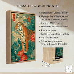 Framed canvas wall art featuring a Japanese tiger with floral background, float frame details