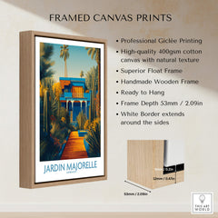 Jardim Majorelle Marrakesh Posters | Vibrant Architecture & Palms Canvas Print in a framed display highlighting professional Giclée printing.